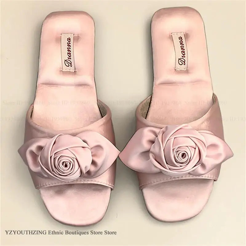 Elegant Rose Satin Women's Slippers Bride Wedding Slipper Wedding Photo Props Bridesmaid Romantic Gifts Summer Shoes Sandals