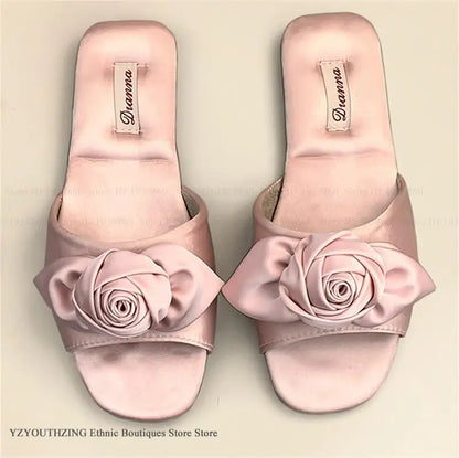 Elegant Rose Satin Women's Slippers Bride Wedding Slipper Wedding Photo Props Bridesmaid Romantic Gifts Summer Shoes Sandals