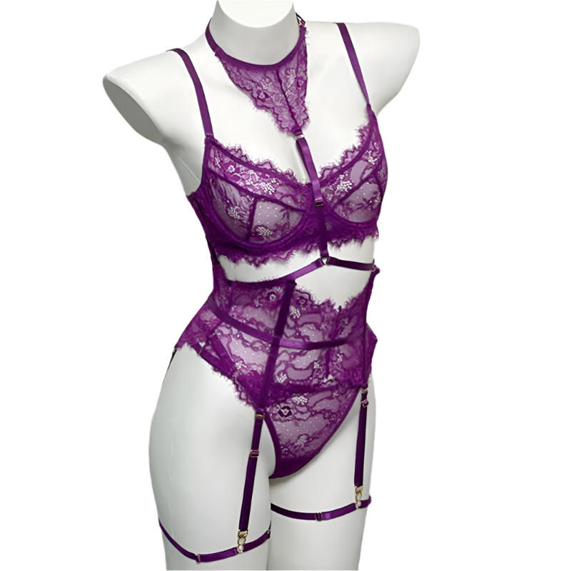 Purple lace lingerie set on a mannequin against a white background