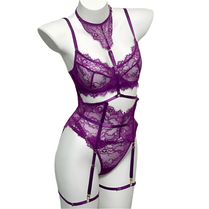 Purple lace lingerie set on a mannequin against a white background