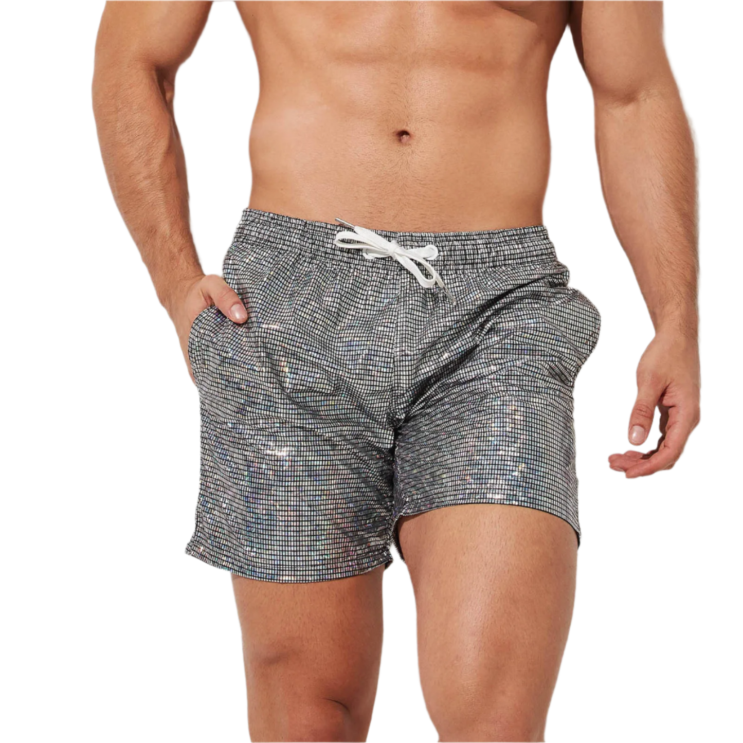 Silver holographic swim shorts with drawstring, perfect for a stylish beach day at the resort.