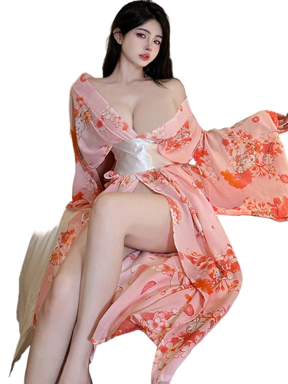 Woman in a floral dress sitting on a bed