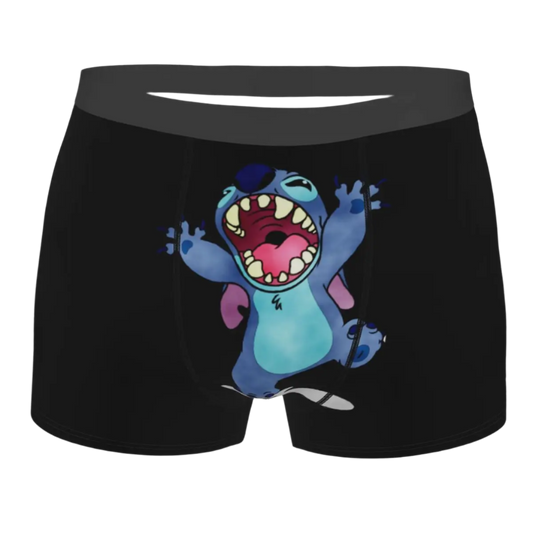 Character Shorts: Black shorts with a graphic of a blue cartoon character with an open mouth, adding a humorous and playful touch.

