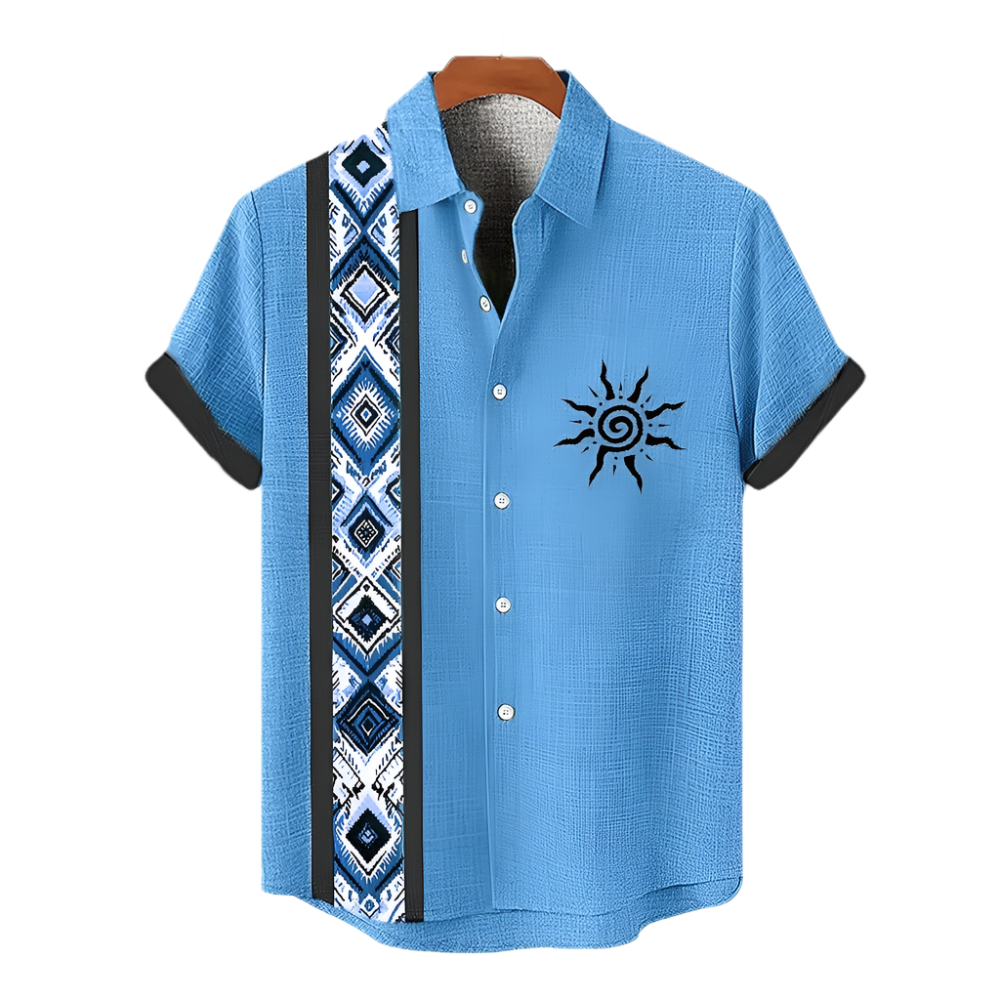 Blue short-sleeve shirt with a sun design on a hanger against a white background