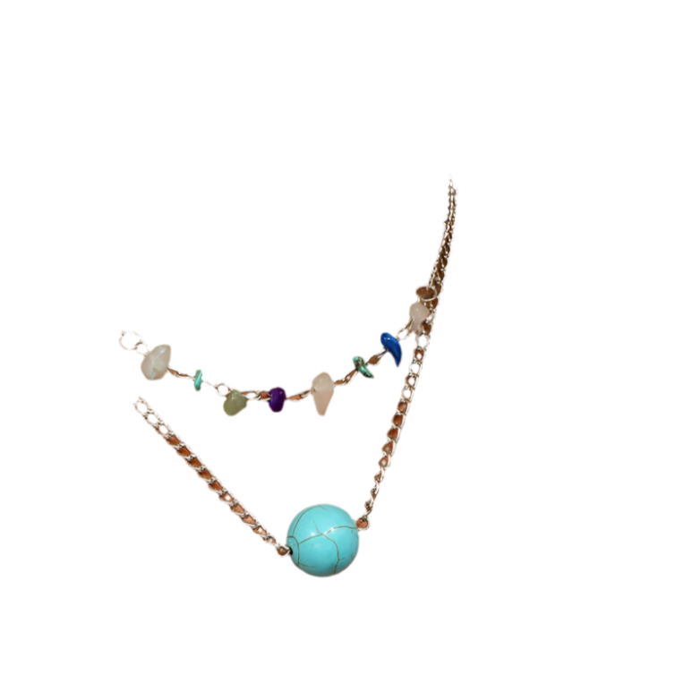 Necklace with a turquoise bead worn by a person