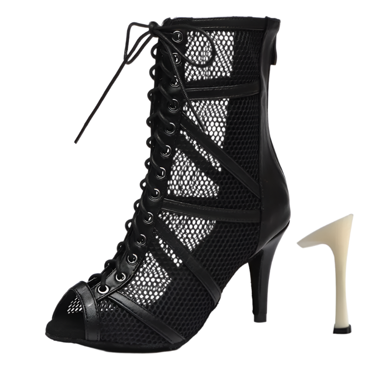 Red mesh ballroom dancing boots with fish mouth design stiletto heels and adjustable instep zip perfect for salsa dance performances and resort entertainment
