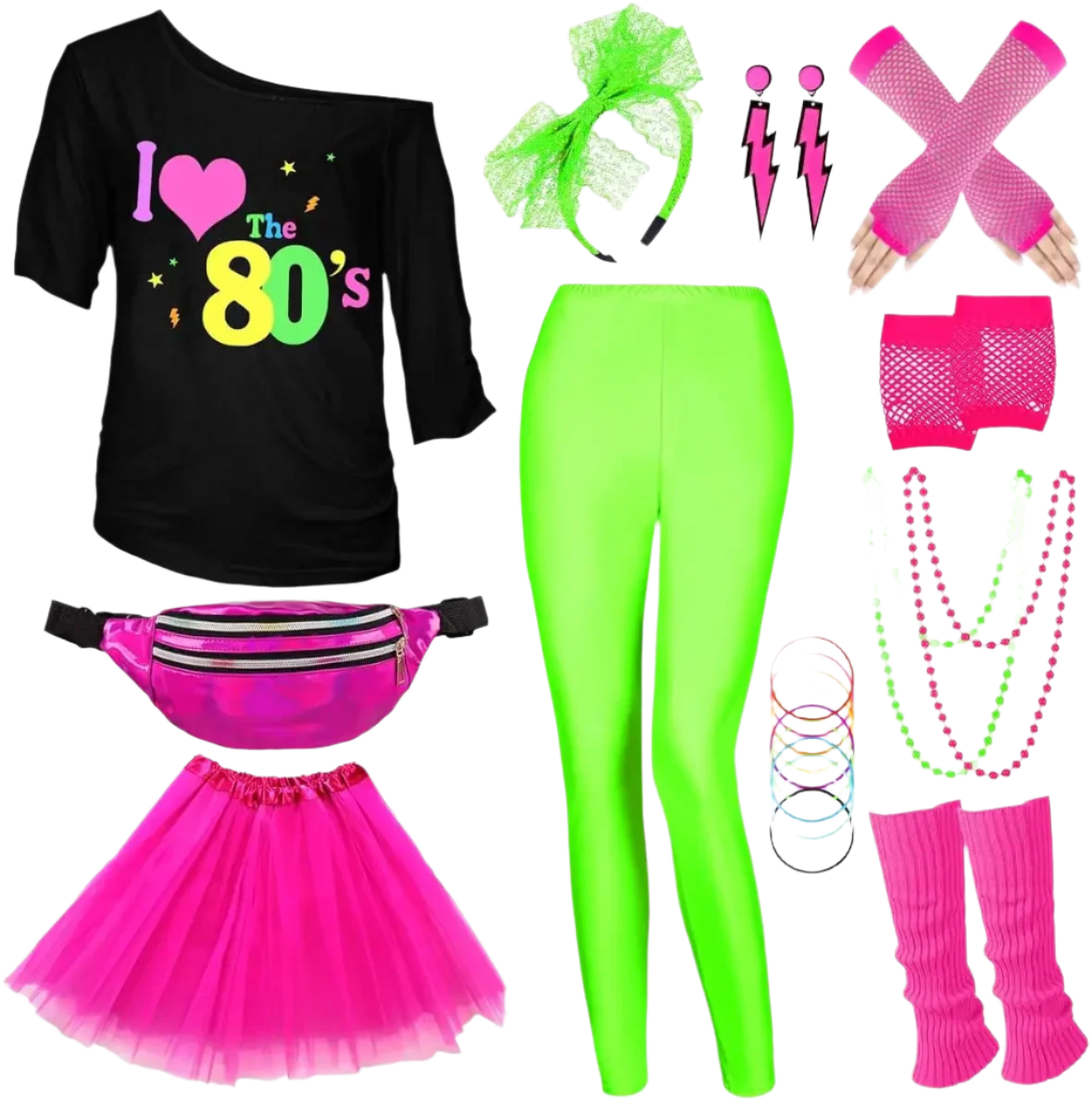 Collection of 1980s-themed clothing and accessories on a white background