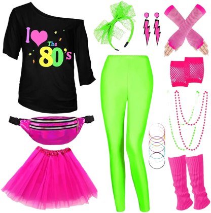 Collection of 1980s-themed clothing and accessories on a white background