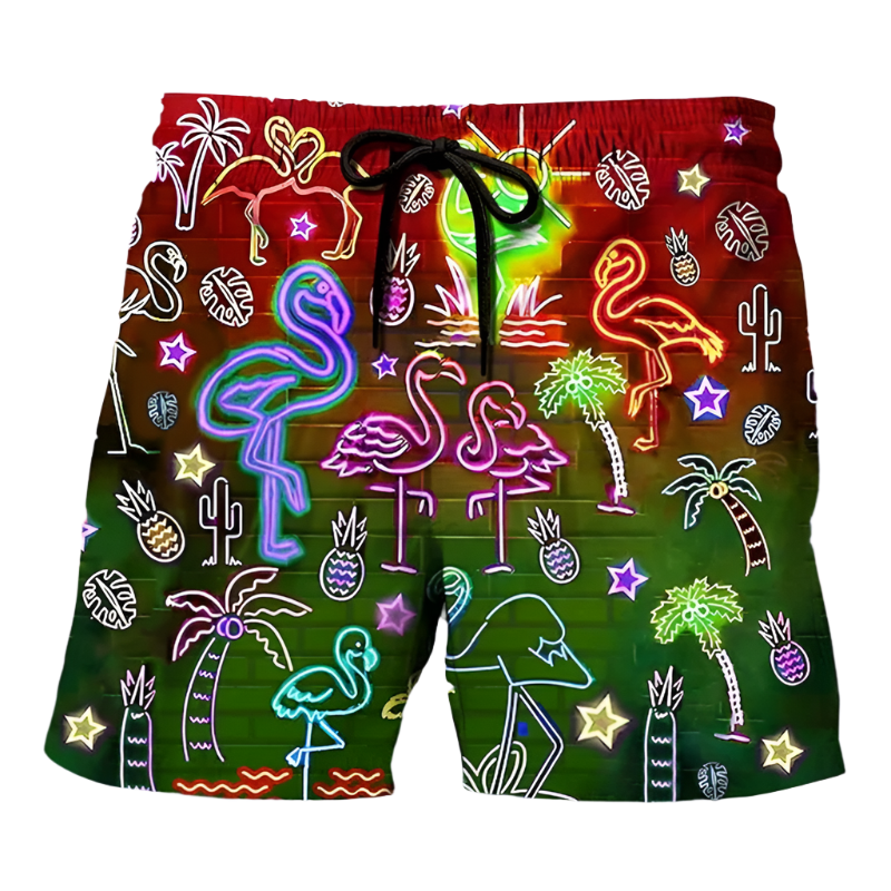 Colorful swim shorts featuring neon tropical designs with flamingos and palm trees