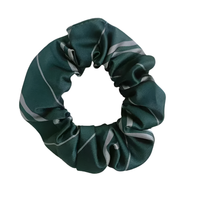Green scrunchie with gray stripes on a white background