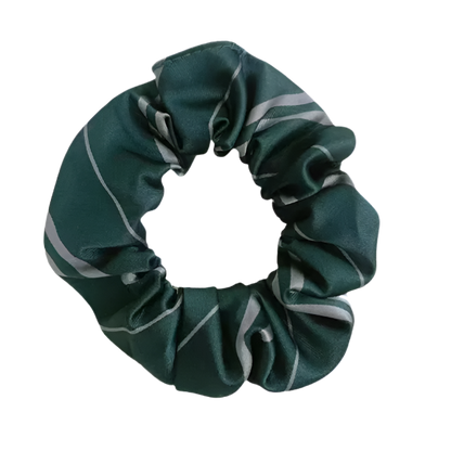Green scrunchie with gray stripes on a white background