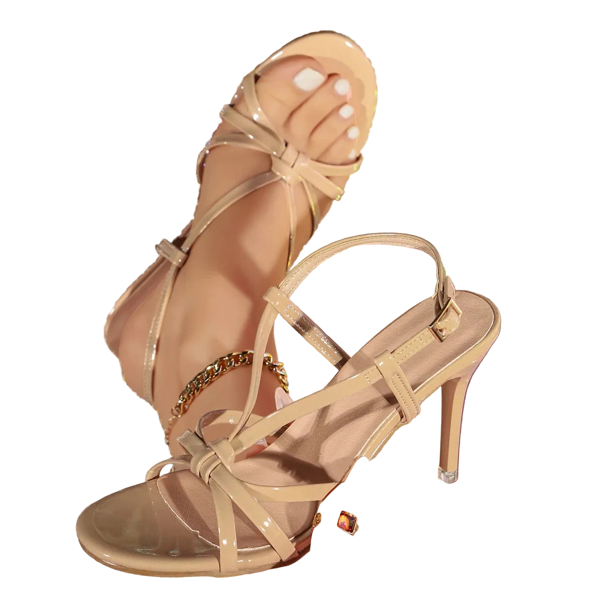 Beige high-heeled sandal with thin straps held against a glittery multicolor background