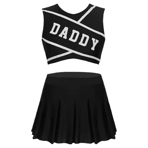 A two-piece cheerleader outfit set featuring a black sleeveless crop top with white trim and the word 'DADDY' printed across the chest, paired with a matching black pleated skirt, shown on a plain white background.