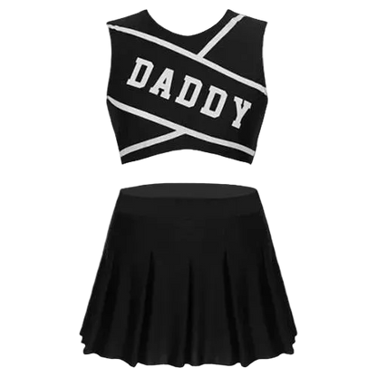 A two-piece cheerleader outfit set featuring a black sleeveless crop top with white trim and the word 'DADDY' printed across the chest, paired with a matching black pleated skirt, shown on a plain white background.