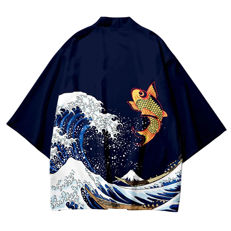 Navy blue kimono-style garment with Koi fish and wave design on a white background