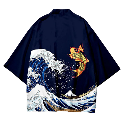 Navy blue kimono-style garment with Koi fish and wave design on a white background