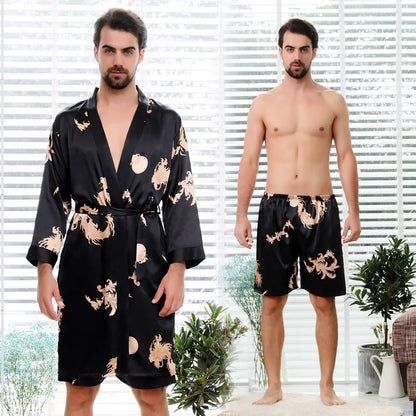 Big Size 2PCS Kimono Bathrobe Gown Couple Sleepwear Home Wear Print Satin Nightgown Women Slip Nighty Dress Men Robe Loungewear