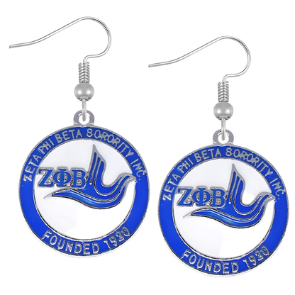 Zeta Phi Beta Sorority Inc earrings with blue and silver design on a white background