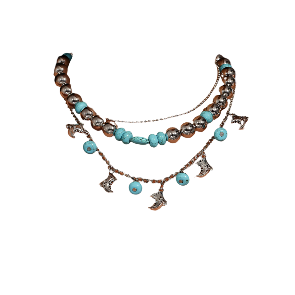 Necklace with turquoise beads and charms on a person wearing a white top.