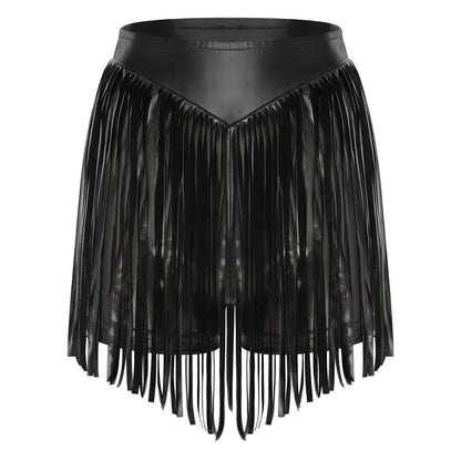 Women Iridescent Metallic Hot Pants with Fringed High Waist Tassel Skirted Shorts Cheeky Shorts Stage Dance Jazz Rock Clubwear