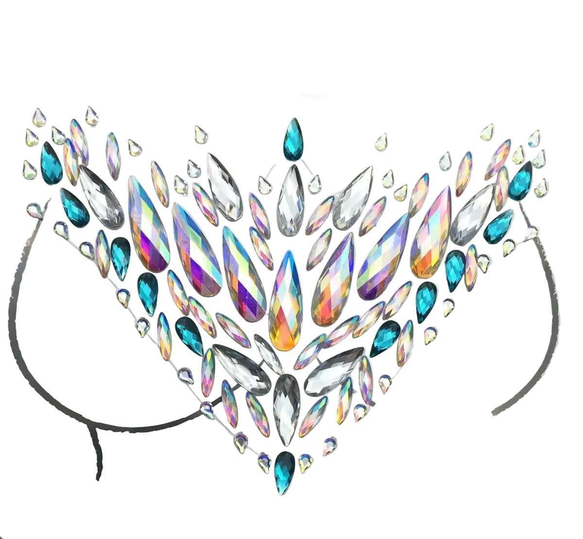 A sheet of clear and iridescent rhinestones arranged in a symmetrical heart or floral crown pattern on a white backing card, photographed on a dark gray background. A small clear plastic container of adhesive or backing material sits at the lower left.