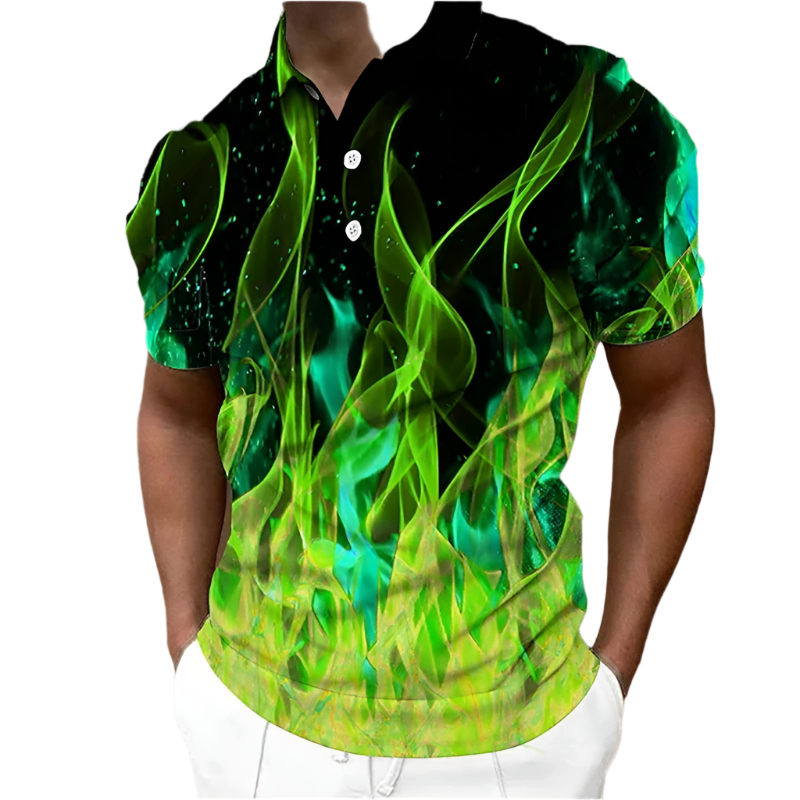 Person wearing a black shirt with green flame pattern on a brown background