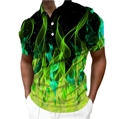 Person wearing a black shirt with green flame pattern on a brown background