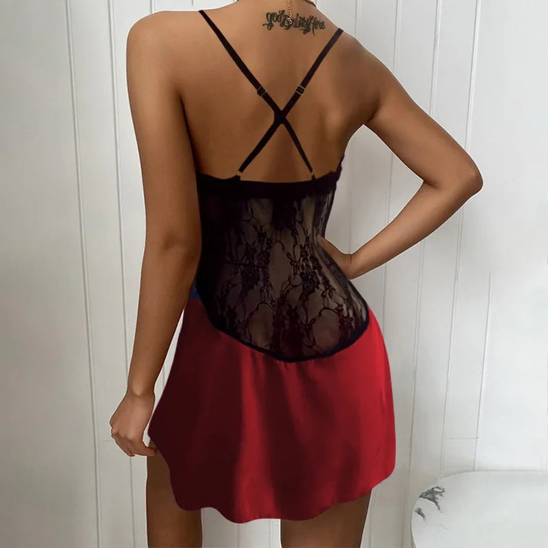 Patchwork Perspective Lace Nightgown Intimate Lingerie Summer New Female Sleepwear Suspender Nightdress Satin Homewear Undewear