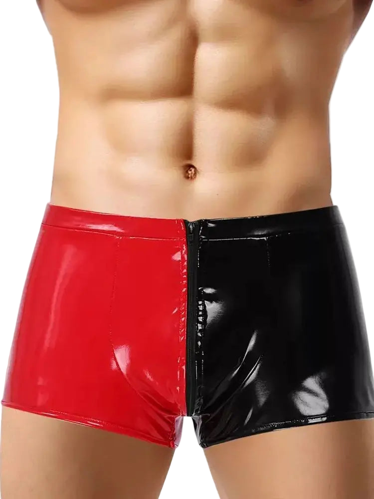 Red and black shiny shorts on a white background