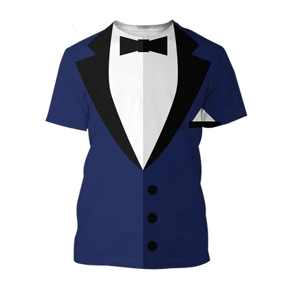 A short-sleeve t-shirt printed with a tuxedo design in navy blue, black, and white, featuring a bow tie, lapels, and front buttons. The text 'Navy Blue' is written in blue in the top-left corner.