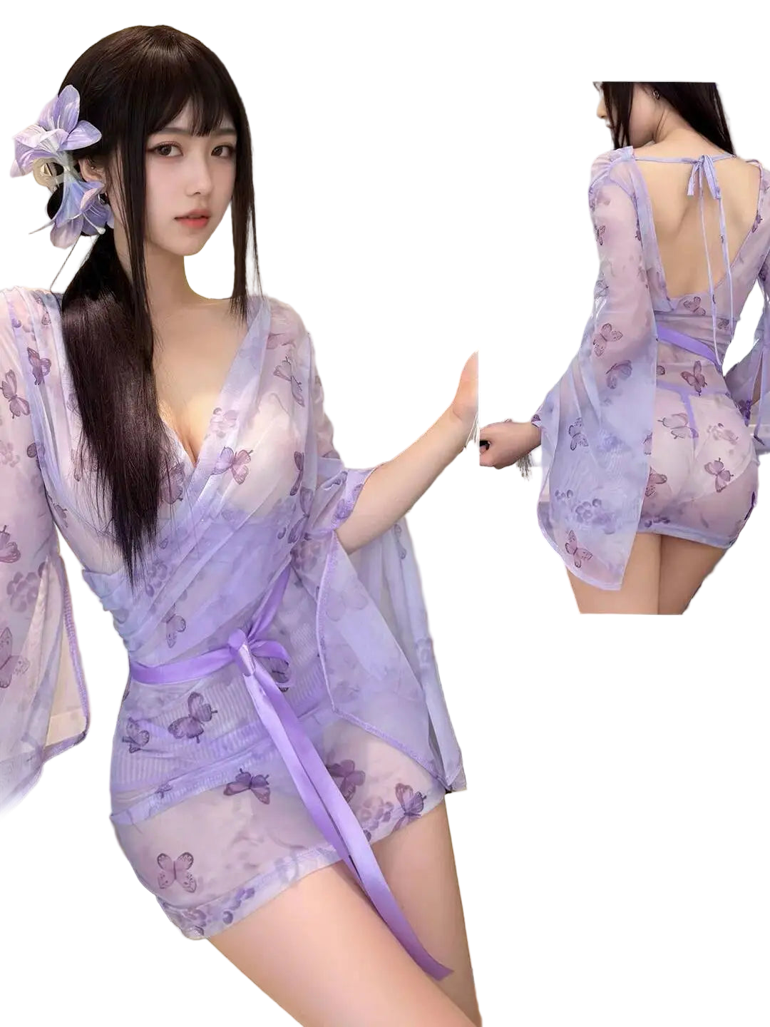 Woman wearing a purple floral nightgown with a mirror reflection showing the back design.