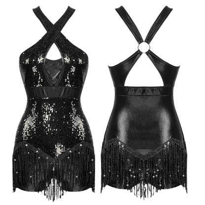 Womens Glittery Sequins Crisscross Sequins Tassel Halter Bodysuit