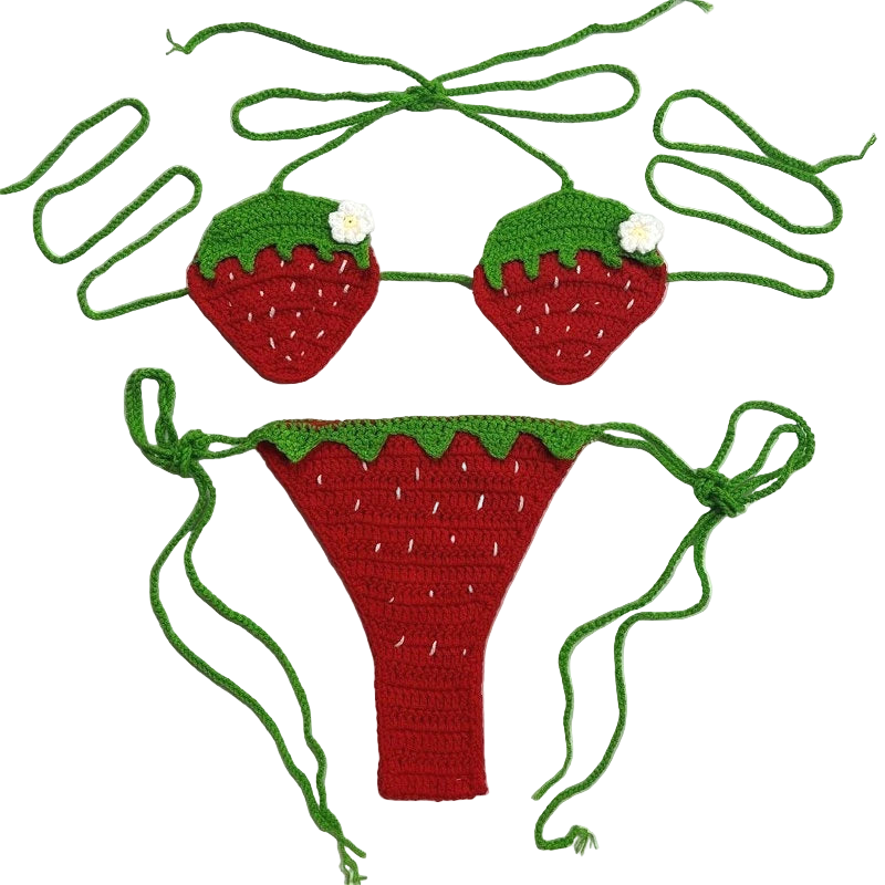 Crocheted strawberry-themed bikini set on a white background