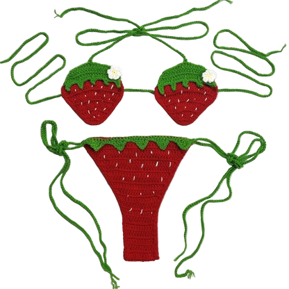 Crocheted strawberry-themed bikini set on a white background