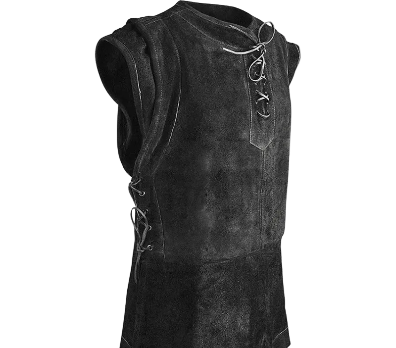 Black leather vest with lace-up details on a white background
