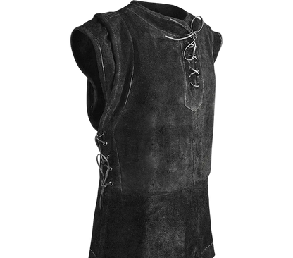 Black leather vest with lace-up details on a white background