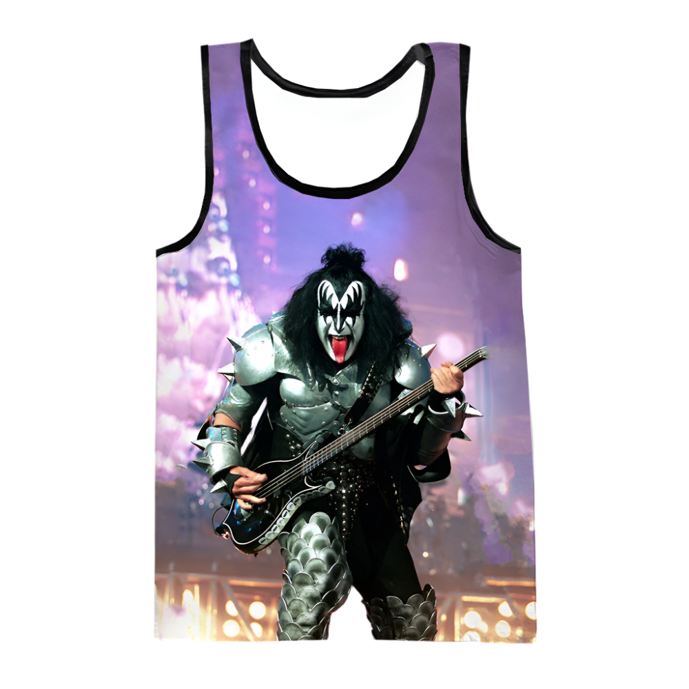 Tank top with a graphic of a musician playing guitar on a colorful background