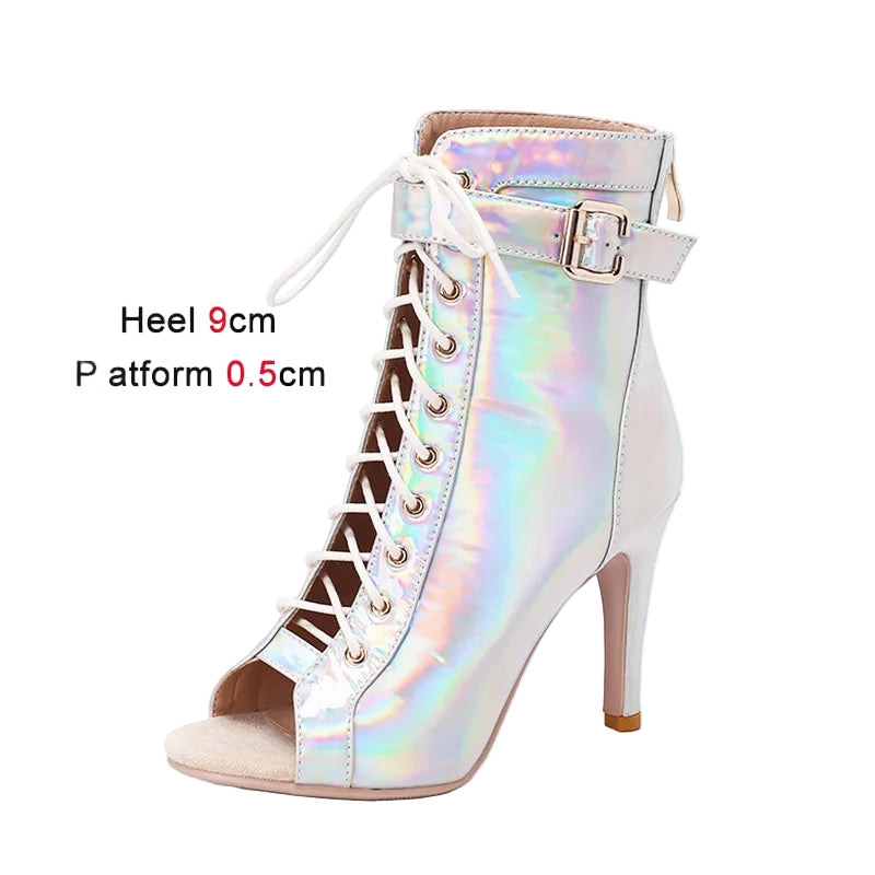 Holographic high-heeled bootie with detailed design on a white background