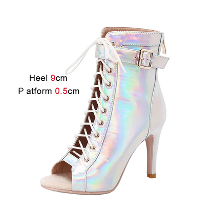 Holographic high-heeled bootie with detailed design on a white background