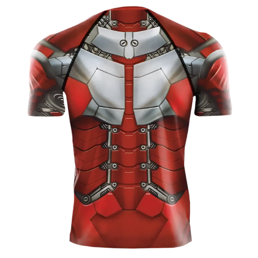 Futuristic Red Armor Shirt: A short-sleeve shirt with a printed design resembling futuristic red armor, featuring metallic and mechanical details.

