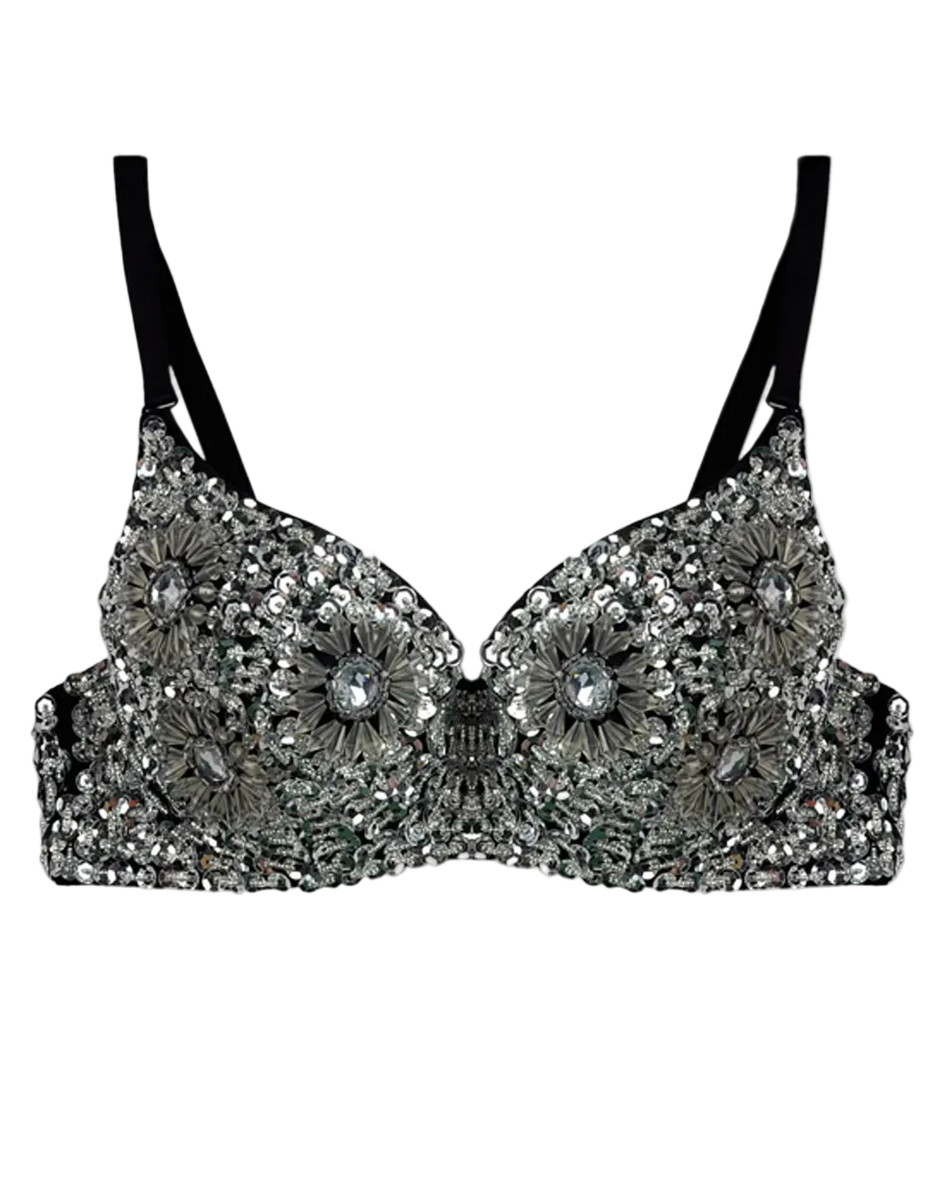 An embellished underwire bra with intricate silver sequins and floral beadwork, featuring black adjustable shoulder straps, shown against a plain white background.