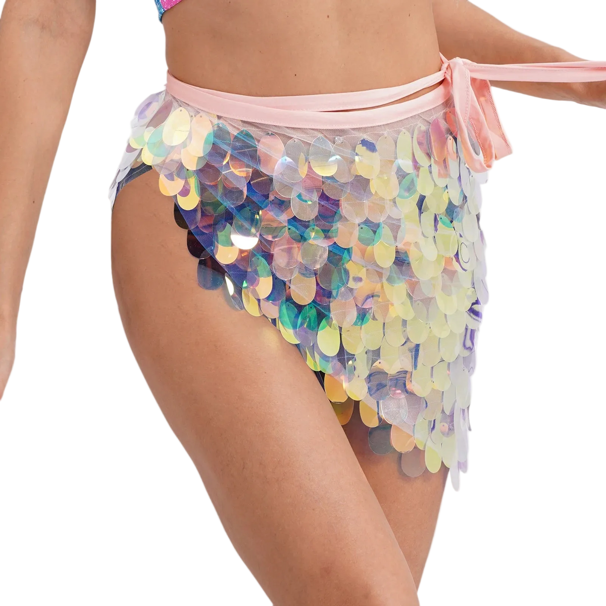 Multicolored sequin skirt with a pink waistband on a white background