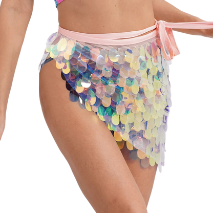 Multicolored sequin skirt with a pink waistband on a white background