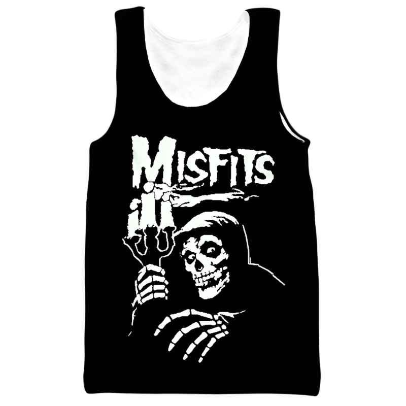 Black tank top with 'Misfits' logo featuring a skeleton and交叉bones design on a white background.