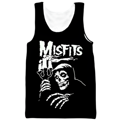 Black tank top with 'Misfits' logo featuring a skeleton and交叉bones design on a white background.