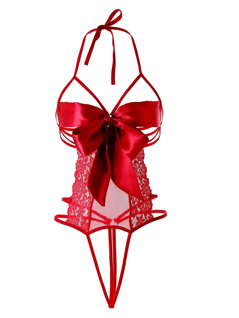 Red lace and satin lingerie bodysuit with a large bow at the bust, strappy halter-style top, sheer lace panels, and a pointed bottom, shown on a plain white background.