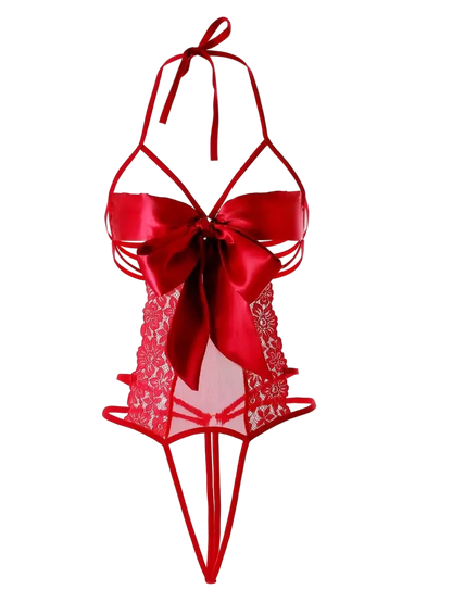 Red lace and satin lingerie bodysuit with a large bow at the bust, strappy halter-style top, sheer lace panels, and a pointed bottom, shown on a plain white background.