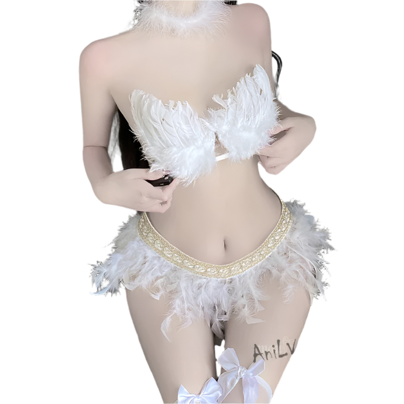 White Feathered Angel Wing Bra Set - Fantasy Theme Night Costume with Wings