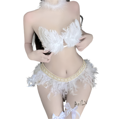 White Feathered Angel Wing Bra Set - Fantasy Theme Night Costume with Wings