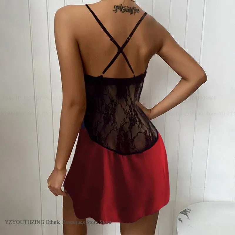 Patchwork Perspective Lace Nightgown Intimate Lingerie Summer New Female Sleepwear Suspender Nightdress Satin Homewear Undewear